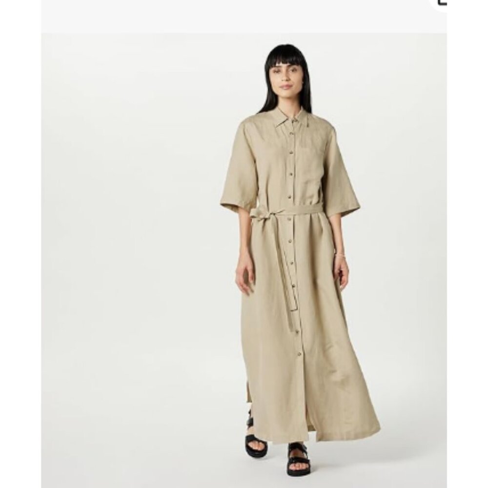 Linen Blend Maxi, NWT, The Drop Women's Long Shirt Dress, Oversized Small, Beige
